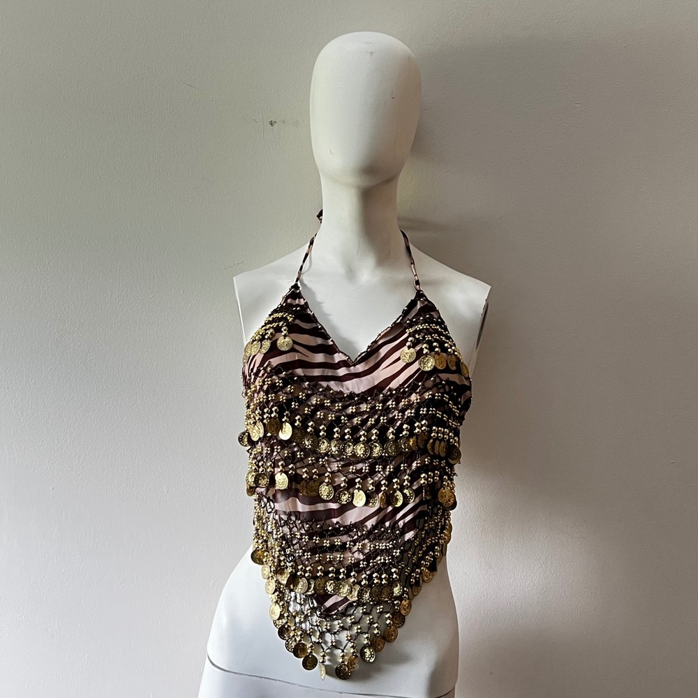 Y2K Zebra Coin Beaded Halter Top Belly Dance Boho Festival Handkerchief